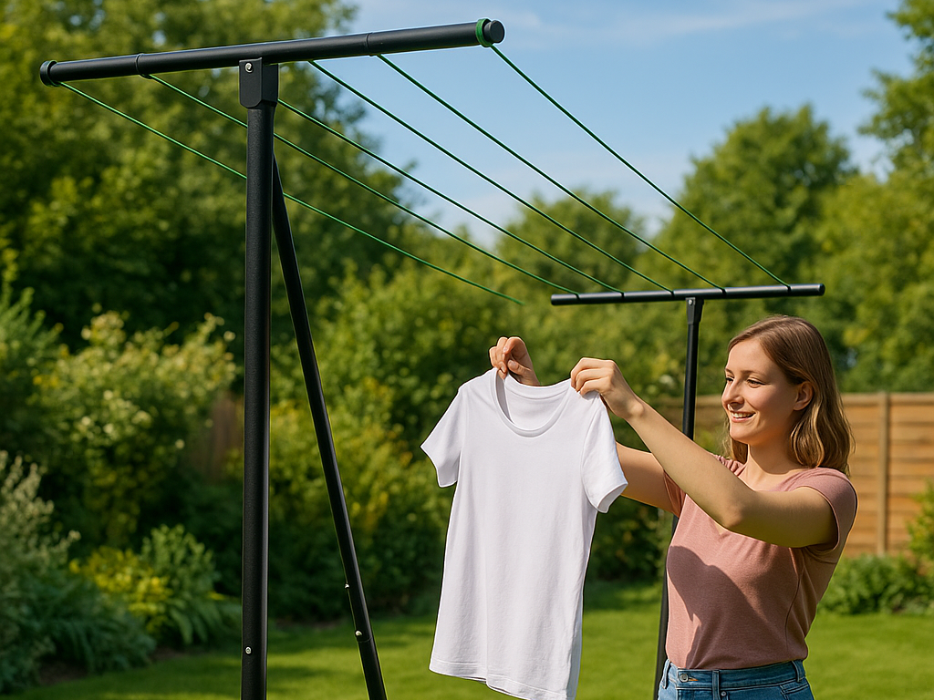 Waslijnen tussen palen waarop je groot volume was kan ophangen en drogen in de natuurlijke buitenlucht